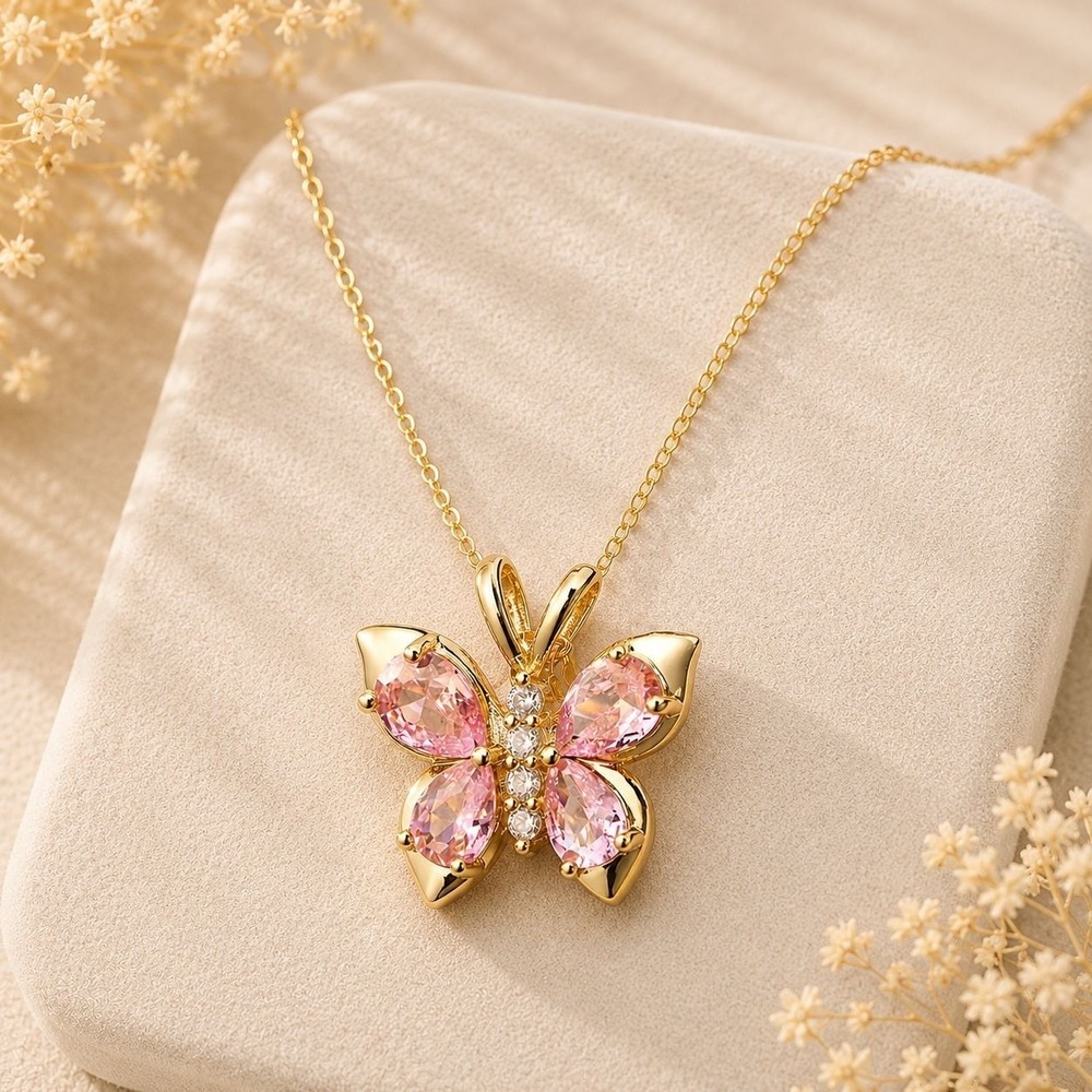 Pink Butterfly Necklace Gold Overlay 16" Chain Made with Swarovski Crystal